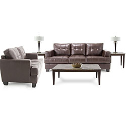 7 Piece Living Room Package: Leather Sofa and Leather Loveseat, 3 Tables and 2 Lamps
