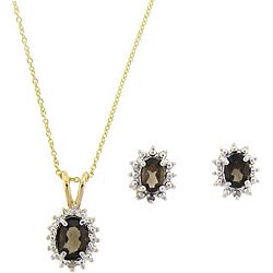 18k Gold over Sterling Silver Smokey Quartz/ Diamond Jewelry Set