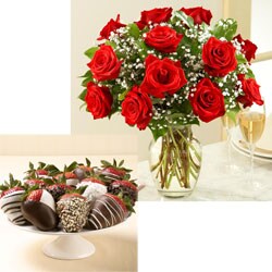 (2 Days of Gifts) One Dozen Red Roses with 12 Hand-Dipped Strawberries (2 Shipments)
