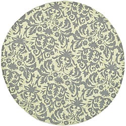 Hand-hooked Damask Beige-Yellow/ Grey Wool Rug (4' Round)