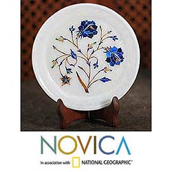 Marble 'Blue Roses' Gemstone Inlay Plate (India)