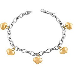 14k Two-tone Gold Puffed Heart Charm Rolo Bracelet