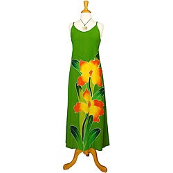 Hand-painted Orchid-print Long Green Dress (Indonesia).