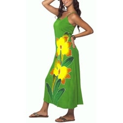 Hand-painted Orchid-print Long Green Dress (Indonesia)