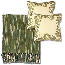 Green/ Ivory Throw Blanket and Decorative Pillows