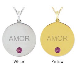10k Gold June Birthstone Rhodolite Engraved 'AMOR' Designer Necklace