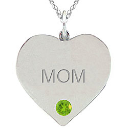 10k Gold August Birthstone Peridot Engraved 'MOM' Heart Necklace