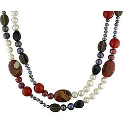 New York Pearls Black and Red Jasper, Agate, Smokey Quartz and Pearl Necklace