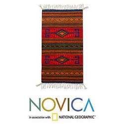 Mexican 'Blue Sun' Zapotec Wool Rug (2'6 x 4'9)