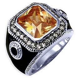 14k White Gold Overlay Men's Cubic Zirconia and Enamel Ring