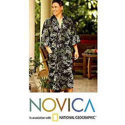 Cotton 'Forest Bamboo' Men's Batik Robe (Indonesia)