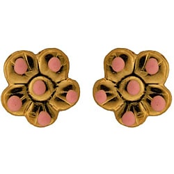 14k Yellow Gold Pink Enameled Flower Petals Stud Earrings