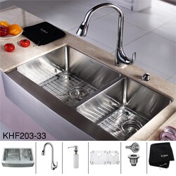 Kraus Stainless Steel Farmhouse Kitchen Sink, Chrome Faucet/ Dispenser