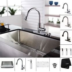 Kraus Stainless Steel Farmhouse Kitchen Sink, Brass Faucet/ Dispenser
