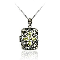 Glitzy Rocks Sterling Silver Peridot and Marcasite Locket Necklace