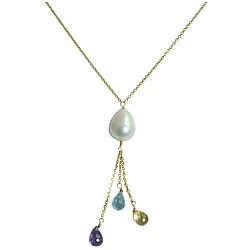 10k Gold Freshwater Pearl and Multi-gemstone 'Y' Necklace (9-12 mm)