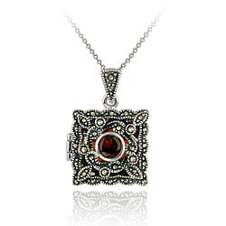 Glitzy Rocks Sterling Silver Garnet and Marcasite Square Locket Necklace
