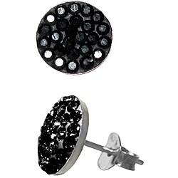 Sterling Silver Jet Black Crystal Flat Round Stud Earrings