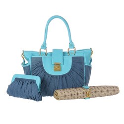 Mia Belle Baby Denim and Turquoise Diaper Bag Set
