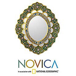 Reverse-painted Glass 'Emerald Garden' Wall Mirror (Peru)