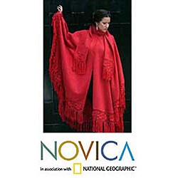'Red Sunrise Elegance' Alpaca Wool Poncho and Scarf (Peru)