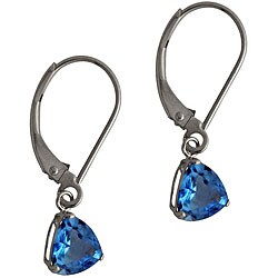 10k White Gold Blue Topaz Trillion Leverback Earrings