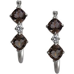 10k White Gold Cushion-cut Smokey Quartz Hoop Earrings