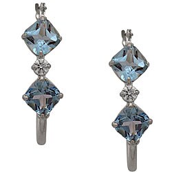 10k White Gold Cushion-cut Blue Topaz Hoop Earrings
