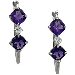 10k White Gold Cushion-cut Amethyst and Cubic Zirconia Hoop Earrings