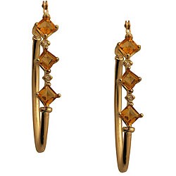 10k Yellow Gold Square-cut Citrine and Diamond Hoop Earrings 
