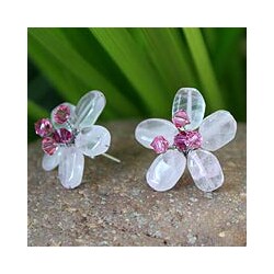 Stainless Steel 'Crystal Flower' Rose Quartz Button Earrings (Thailand)