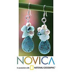 Silver 'Bluebells' Pearl and Amazonite Cluster Earrings (Thailand)
