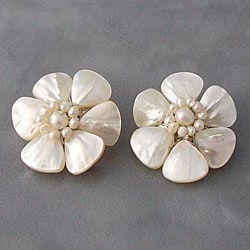 White Mother of Pearl Flower Clip-on Earrings (Thailand)