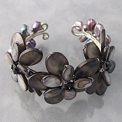 Black Mother of Pearl, Abalone, Pearl Flower Cuff Bracelet (Thailand)
