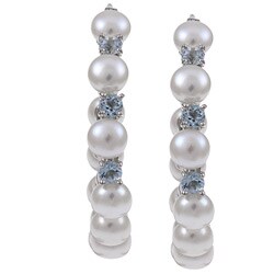 Sterling Silver Freshwater Pearl and Blue Topaz Hoop Earrings (6-7 mm)