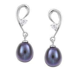 Sterling Silver Cubic Zirconia and Black Freshwater Pearl Earrings