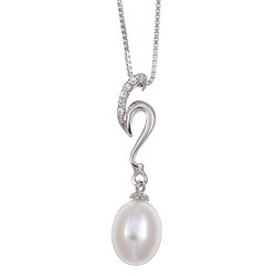 Silver Cubic Zirconia and White Drop Pearl Necklace (8.5-9 mm)