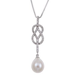 Sterling Silver White FW Pearl and Cubic Zirconia Necklace (9-9.5 mm)