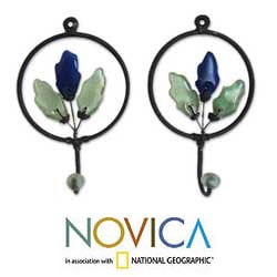 Set of 2 Iron and Recycled Glass 'Blue Revival' Coat Hooks (Ghana)