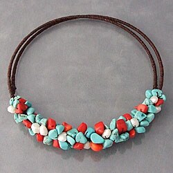 Turquoise/ Coral/ Pearl Wire Wrap Choker Necklace (Thailand)