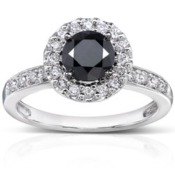 14k White Gold 1ct TDW Black and White Diamond Halo Ring