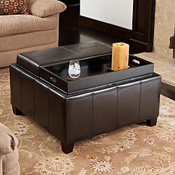 Mansfield Leather Espresso Tray Top Storage Ottoman