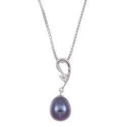 Kabella Sterling Silver Black Pearl and Cubic Zirconia Necklace (8.5-9 mm)