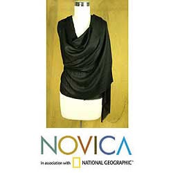 Silk and Cashmere Wool 'Ebony Elegance' Shawl (India)