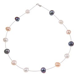 Sterling Silver Multi-colored FW Coin Pearl Tin Cup Necklace (9-10 mm)