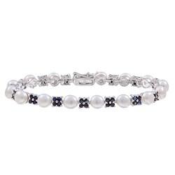 Sterling Silver White Freshwater Pearl and Sapphire Link Bracelet (6 mm)