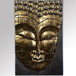 Rain Tree Wood Antique Gold Buddha Face Wall Hanging (Indonesia)