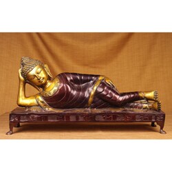Brass Antiqued Reclining Buddha Statue (India)