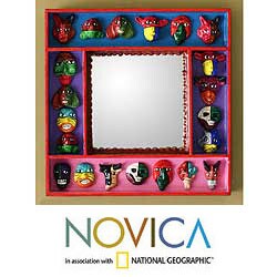 Ceramic and Wood Handmade 'Party of Masks' Retablo Wall Mirror (Peru)