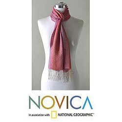 Alpaca Wool and Silk 'Blossoms on Rose' Scarf (Peru)